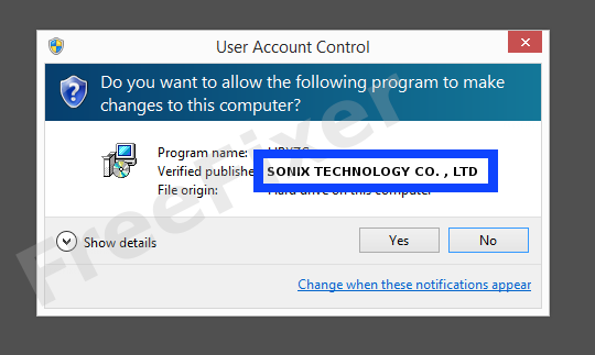 Screenshot where SONIX TECHNOLOGY CO. , LTD appears as the verified publisher in the UAC dialog